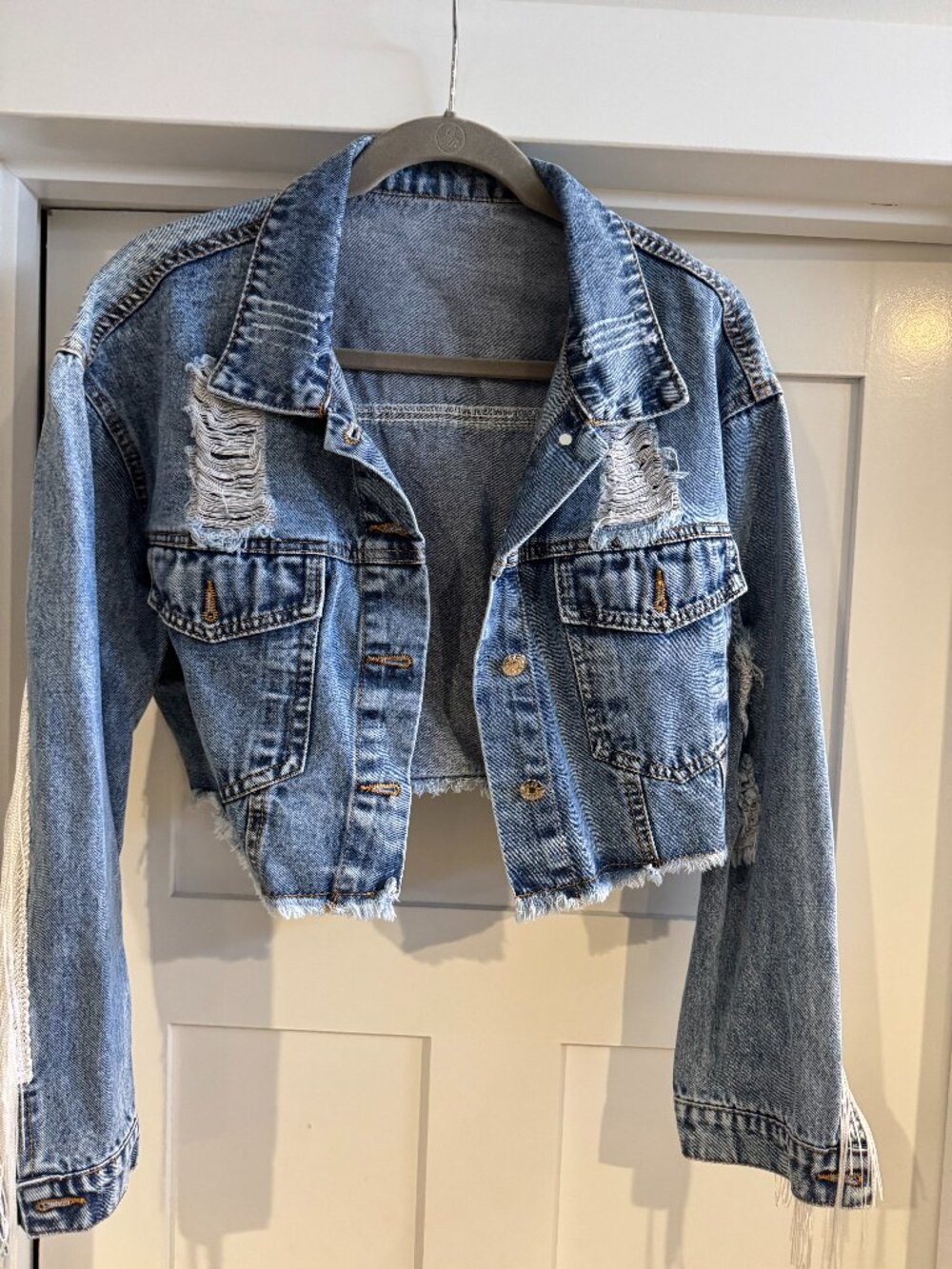 Shein Cropped Denim Jacket with Fringe Size Large